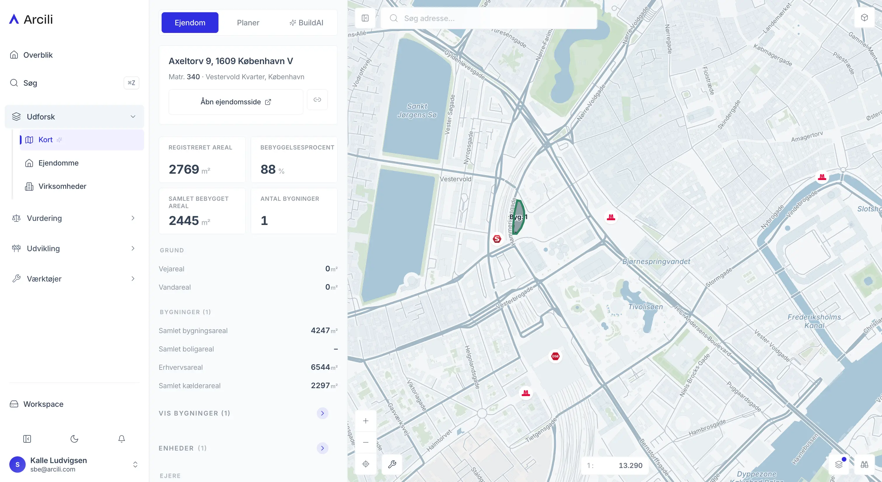 Arcili Kort — matrikel valgt med ejendomsdata i sidepanelet
