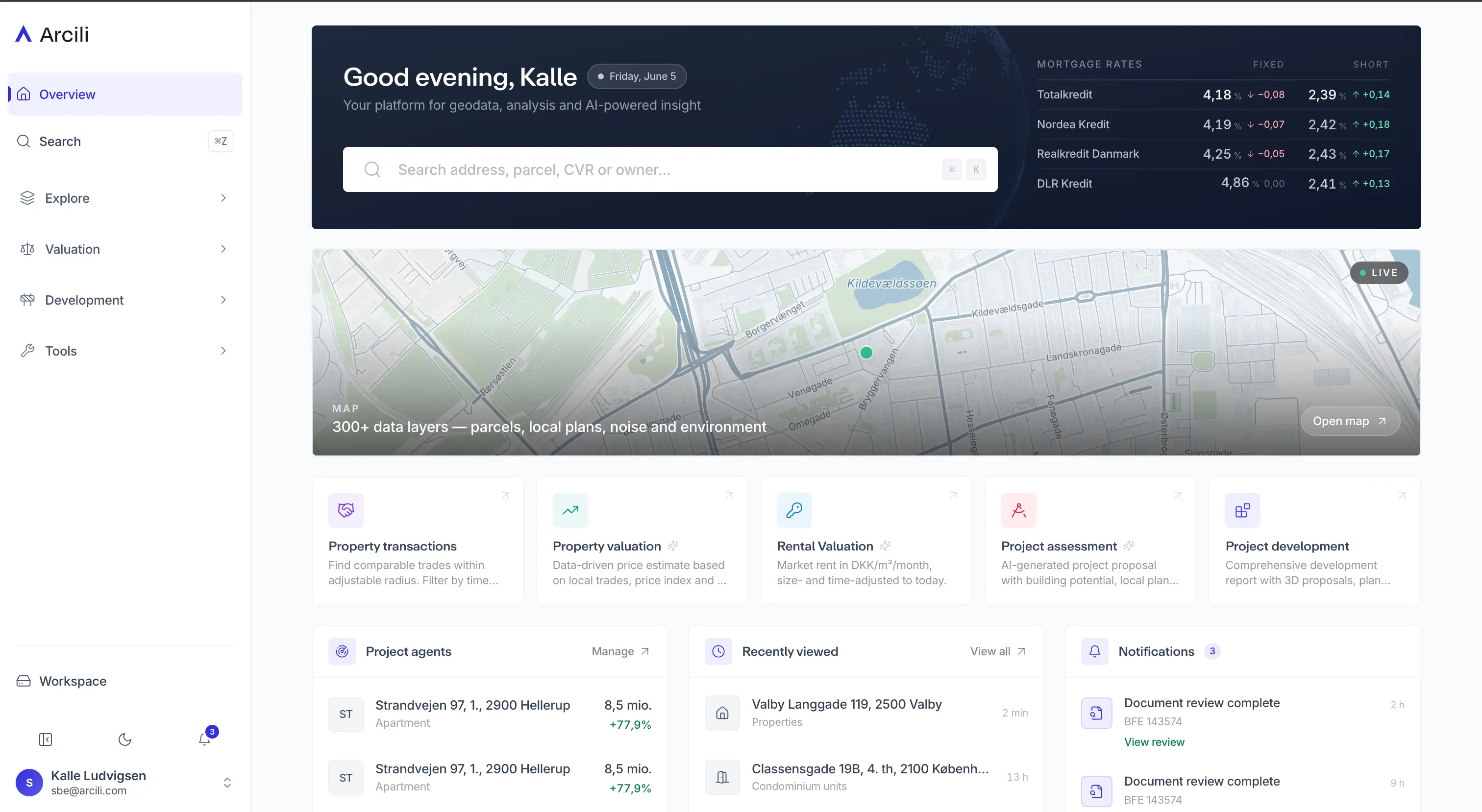 The Arcili platform with project and property overview