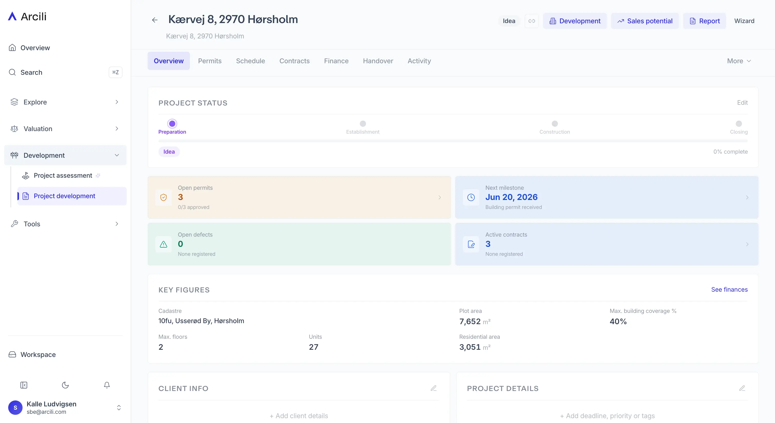 Arcili Hub — project overview with key figures, phases and modules