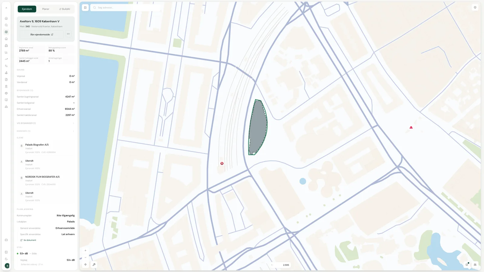 Skærmbillede fra Arcili — Find ejendommen: Søg adresse, matrikel eller virksomhed. Se planforhold, BBR-data, ejerforhold og luftfoto.