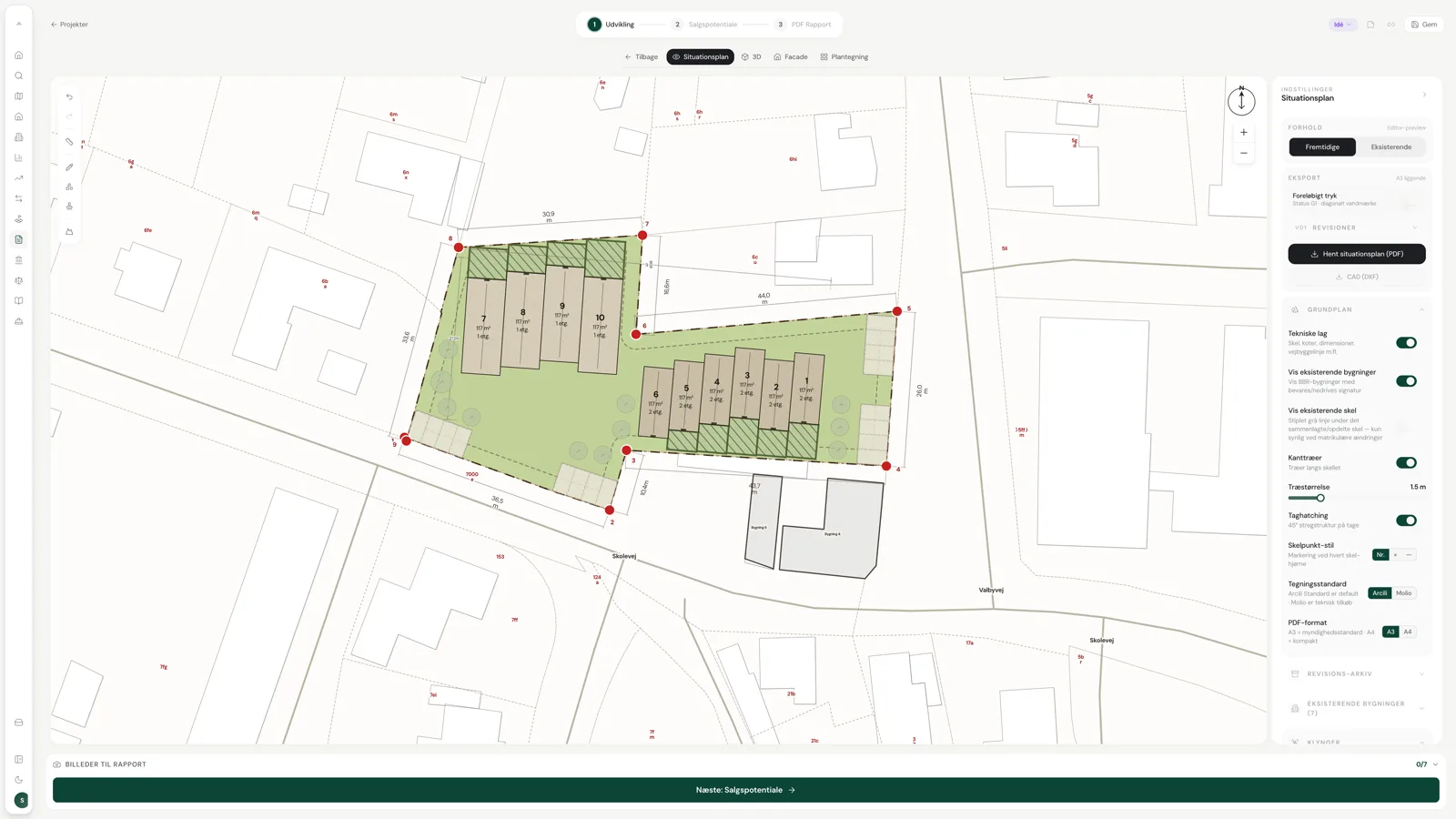 Skærmbillede fra Arcili — Tegn projektet: Generér situationsplan, placér rækkehuse, se i live 3D med sol, skygge og terræn.